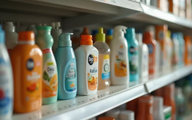 Close-up of a variety of household products on a shelf