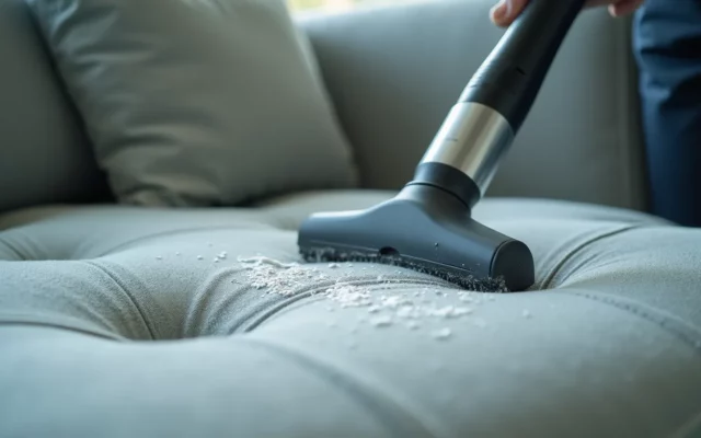 Close-up view of a fabric sofa being cleaned with a special injection-extraction machine