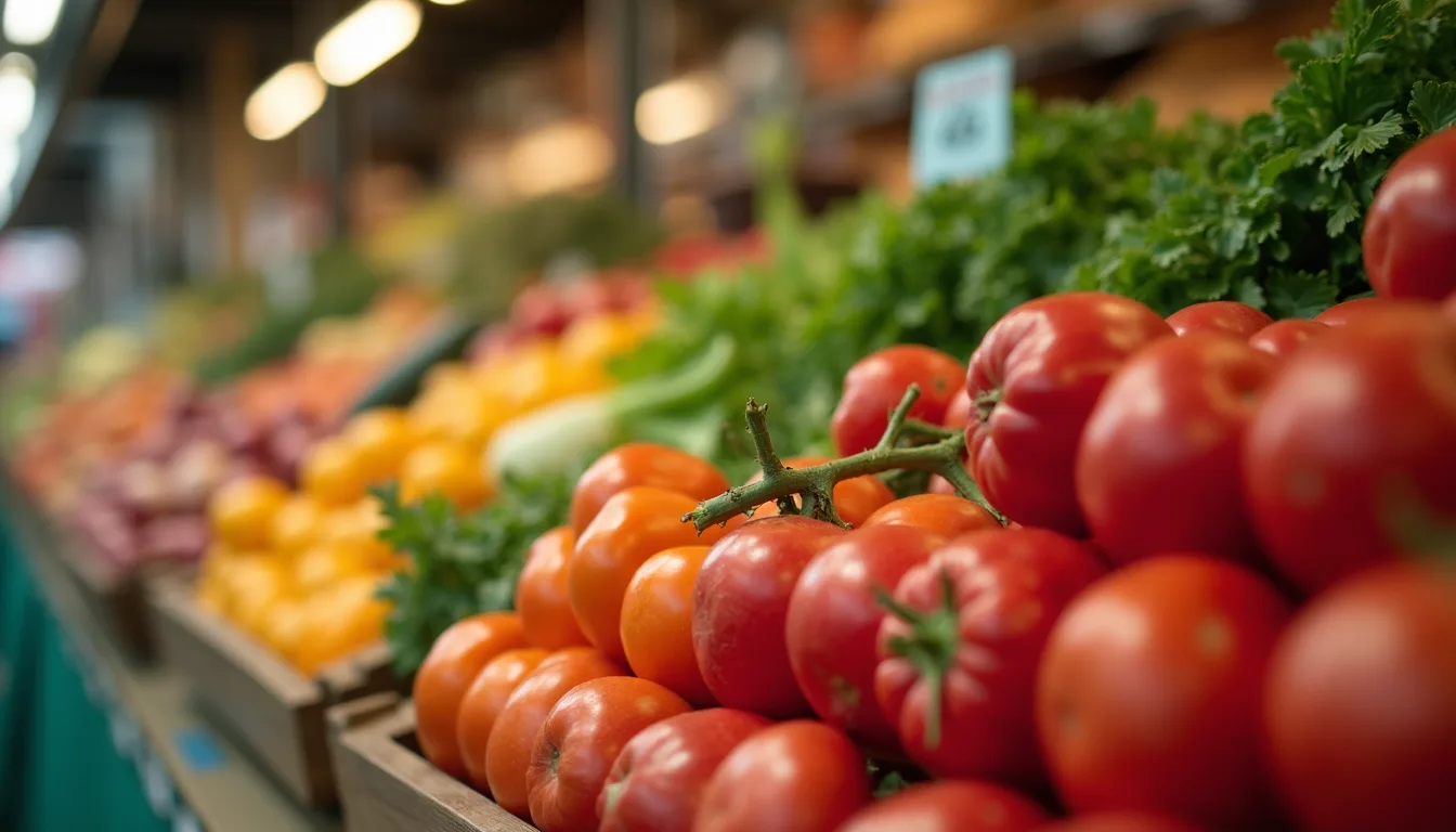 Eye level view of a variety of organic fruits and vegetables at a market