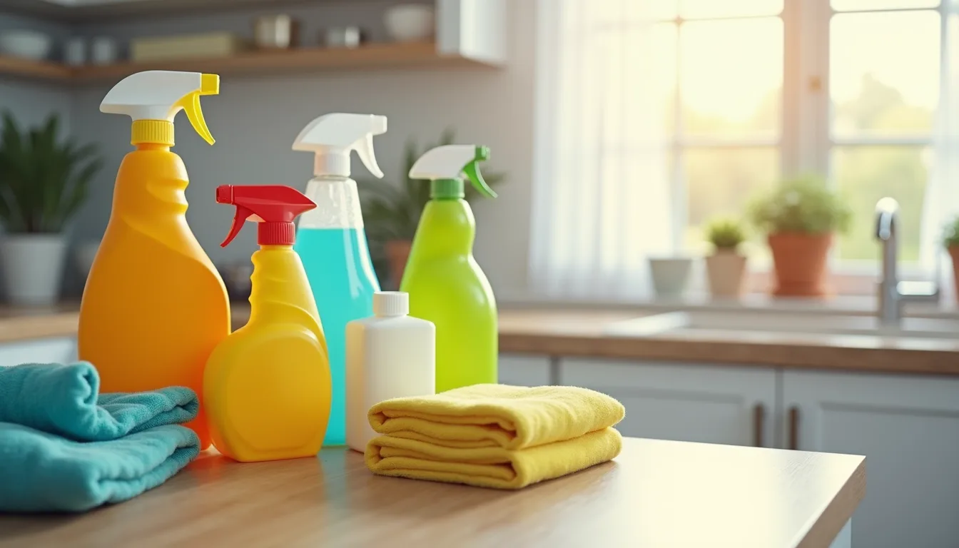 High angle view of common household cleaning products