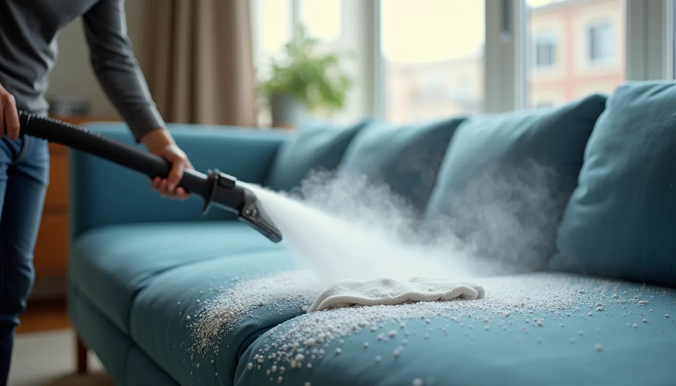 Nettoyage vapeur d'un canapé en tissu bleu à domicile