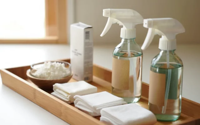 Plateau en bois avec produits d'entretien naturels et vaporisateurs